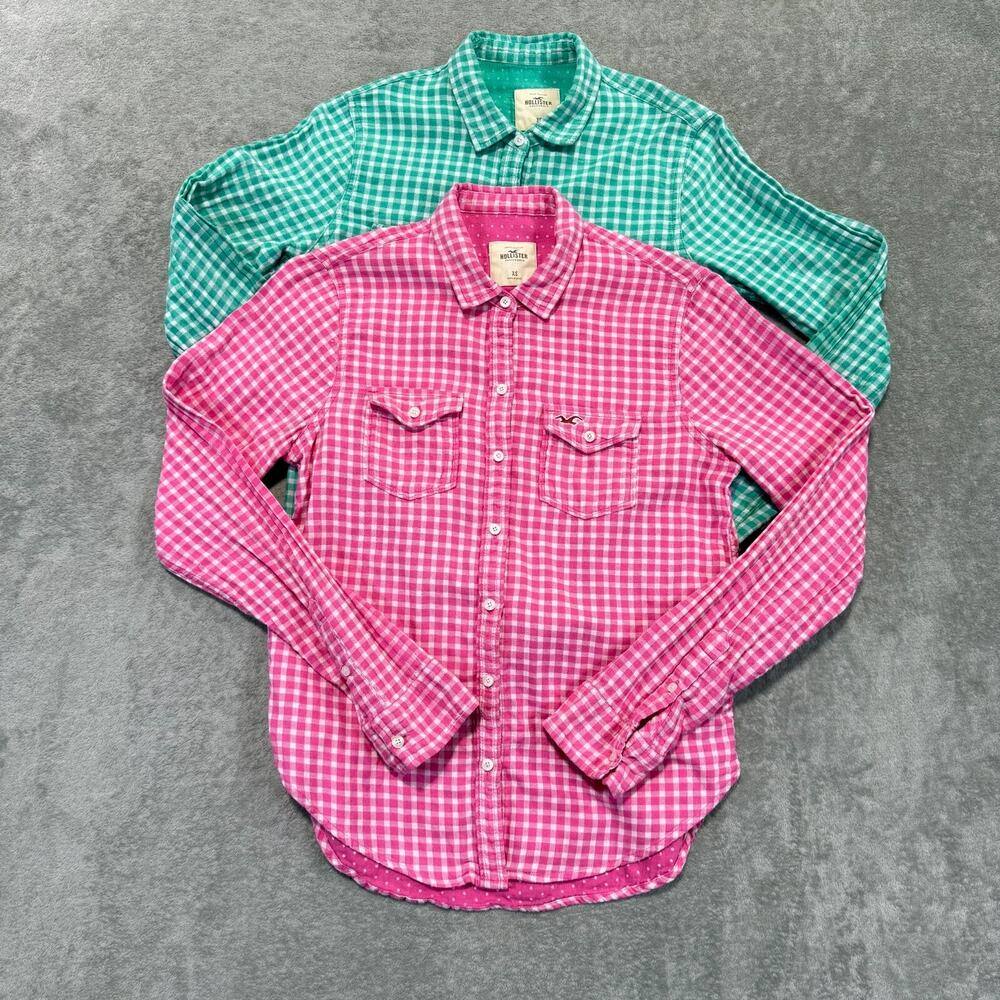 Hollister Gingham Checked Button Up Shirt Pink Green White Double Gauze Logo XS